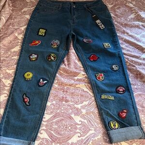 Trendy Patched Boyfriend Jeans in Blue